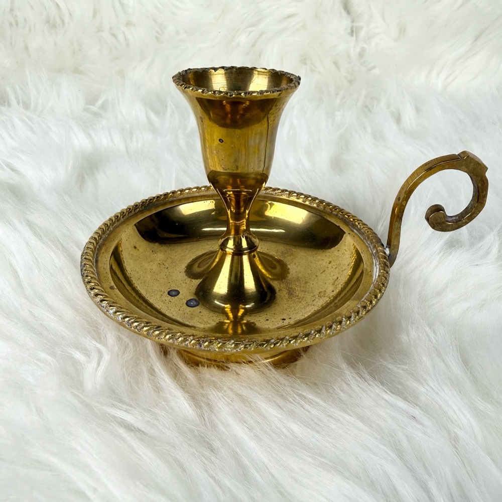 Vintage Brass Candlestick Holder with Finger Loop